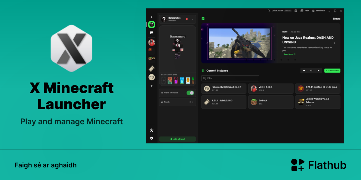 Suiteáil X Minecraft Launcher ar Linux | Flathub