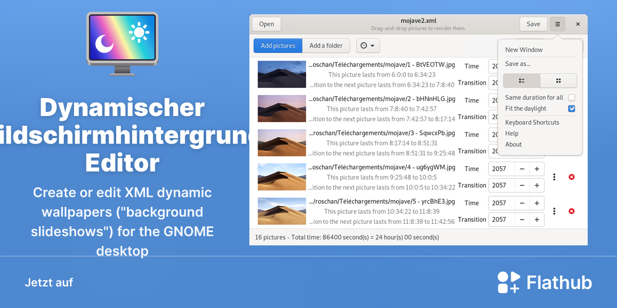 Dynamischer Bildschirmhintergrund Editor auf Linux installieren | Flathub