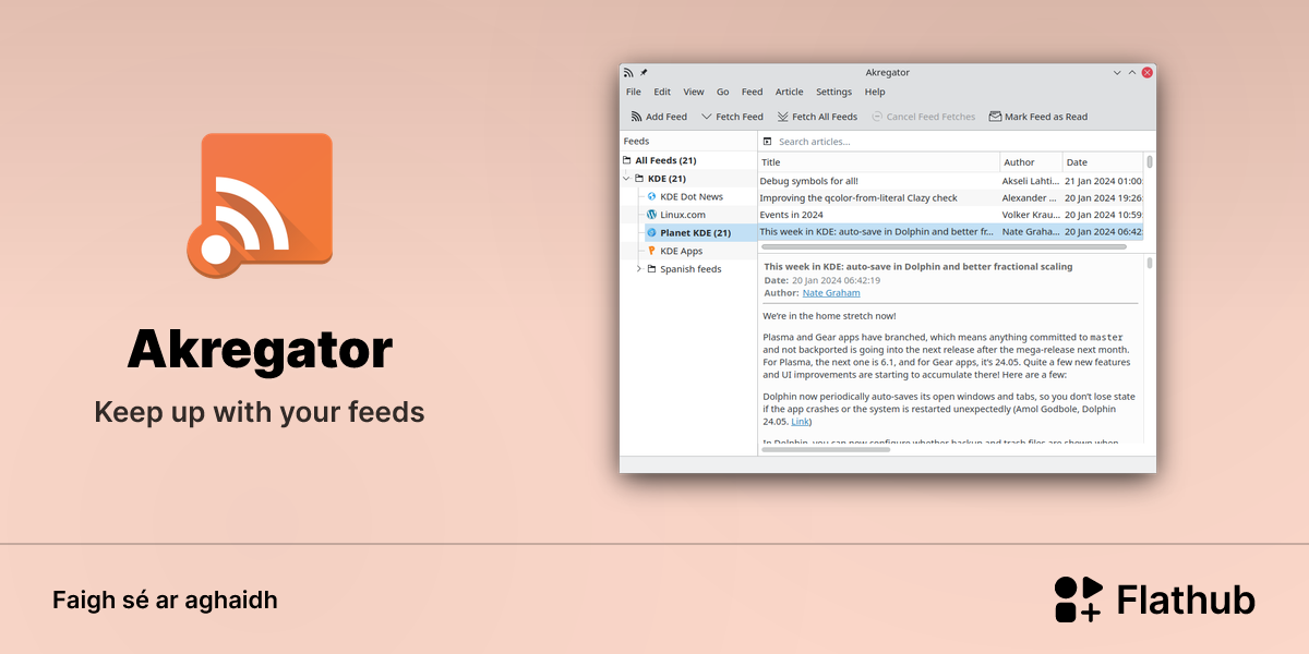 Suiteáil Akregator ar Linux | Flathub