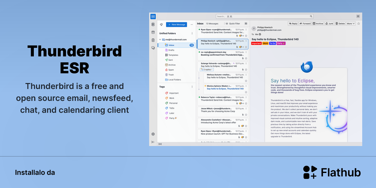 Installa Thunderbird ESR su Linux | Flathub