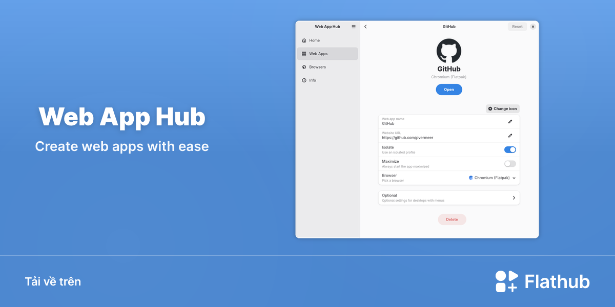 Cài đặt Web App Hub trên Linux | Flathub